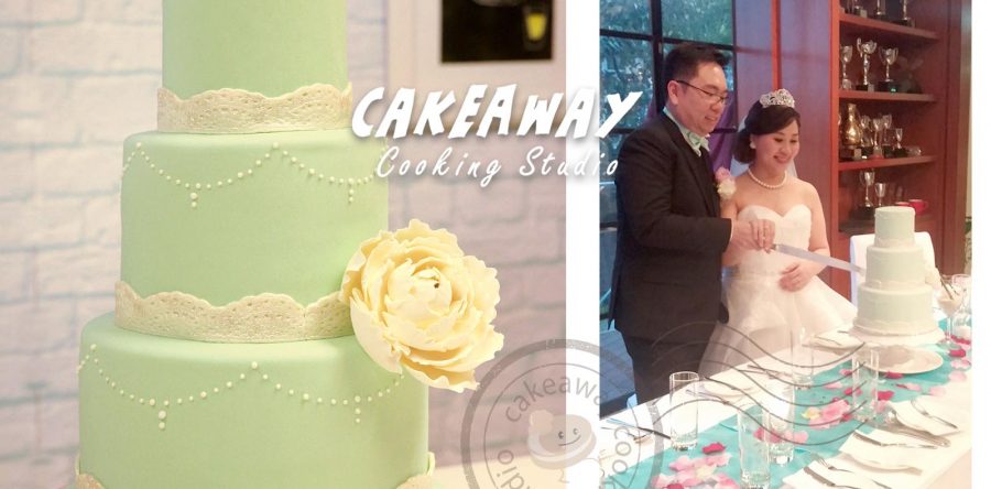 三層牡丹花結婚蛋糕 (Tiffany Blue)